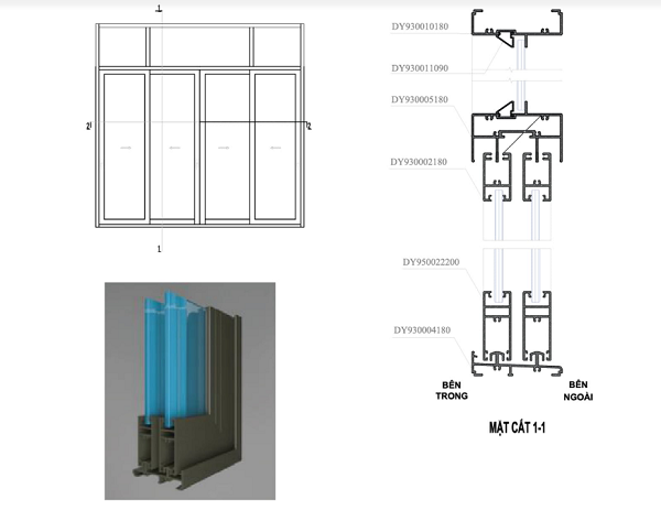 mặt cắt cửa nhôm hệ 93